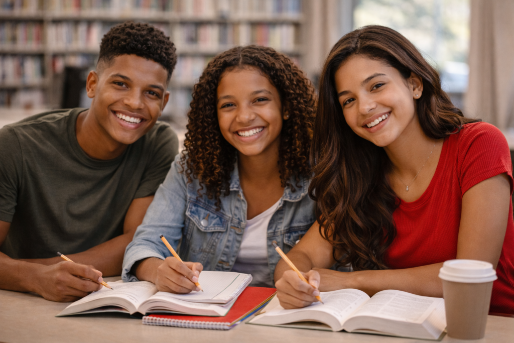 studying together in a bright classroom